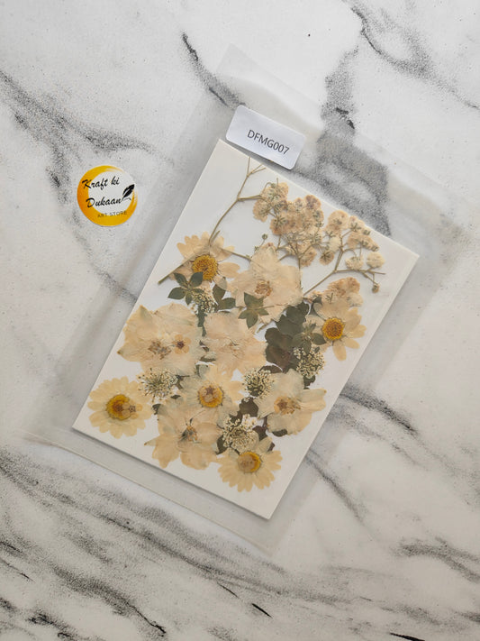 Pressed flower sheet for resin art featuring dried flowers in natural tones and delicate details