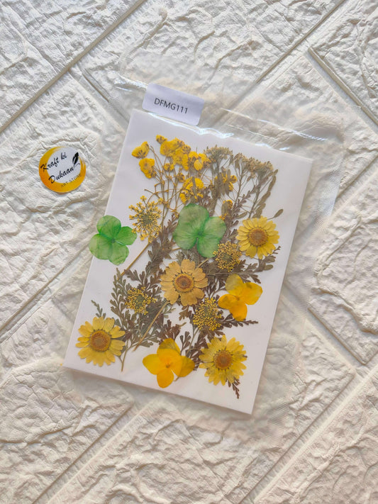 pressed-flower-sheets-for-resin-art-yellow-flowers-and-green-leaves