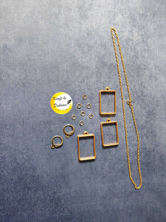 Rectangle earring necklace set with gold-tone chain and rectangular pendants
