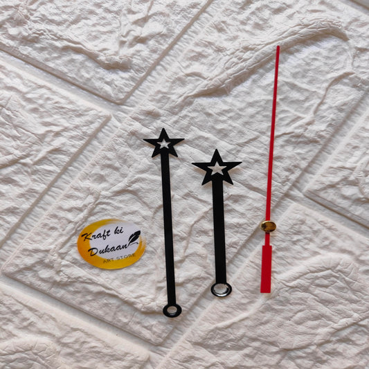 Set of red and black clock hands with star designs for DIY clock projects