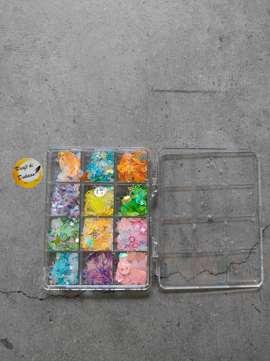 Resin craft sequins organizer open with 12 compartments for assorted holographic sequins