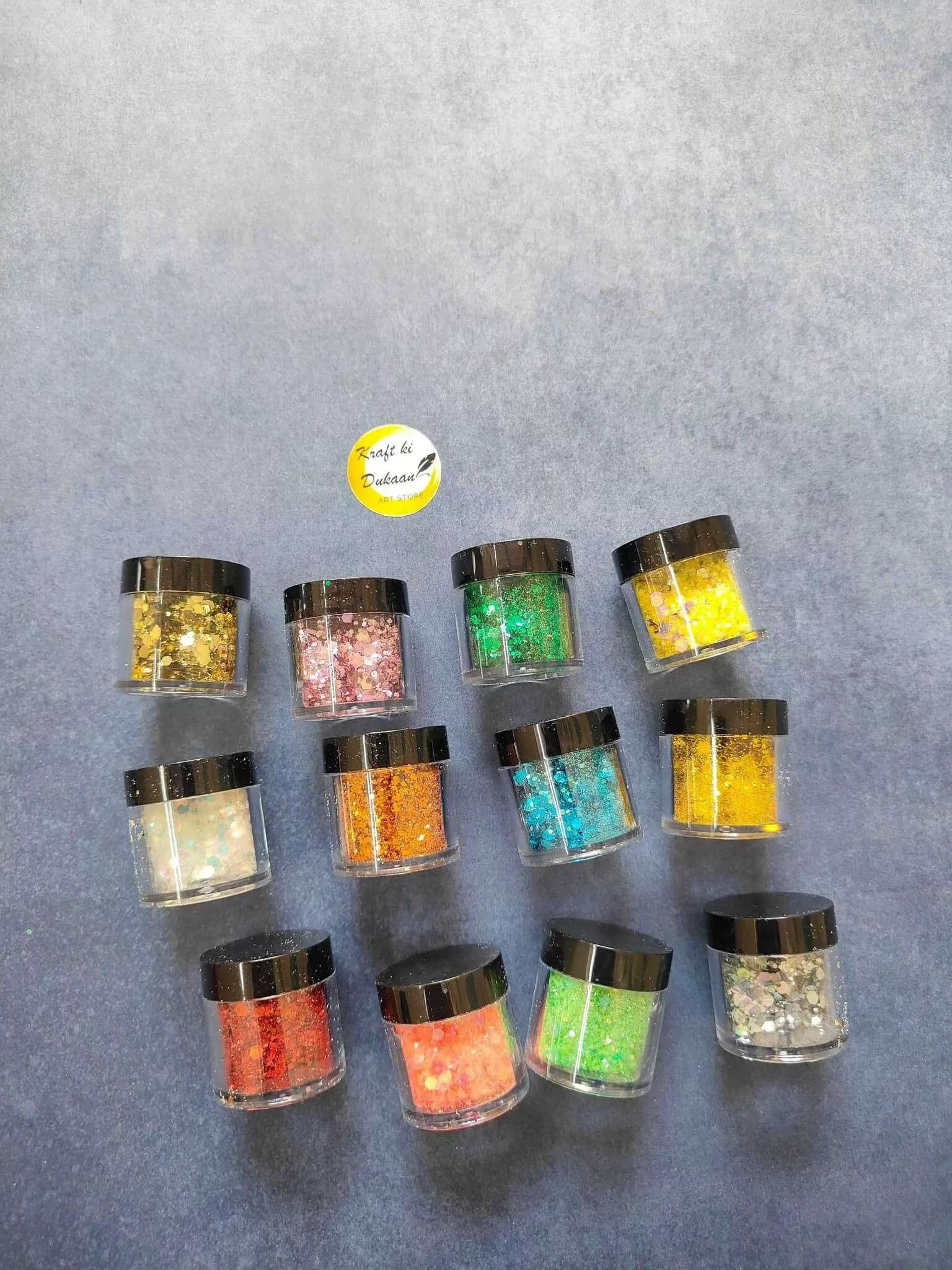 Resin glitter hexagon mix set of 12 small jars in mixed colors