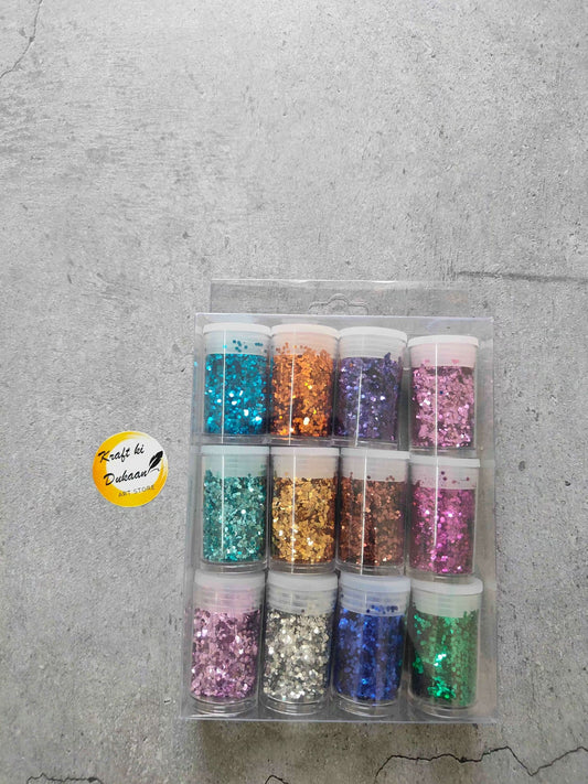 Resin glitter hexagon small 12-piece set with teal, orange, purple, pink, gold, silver shades