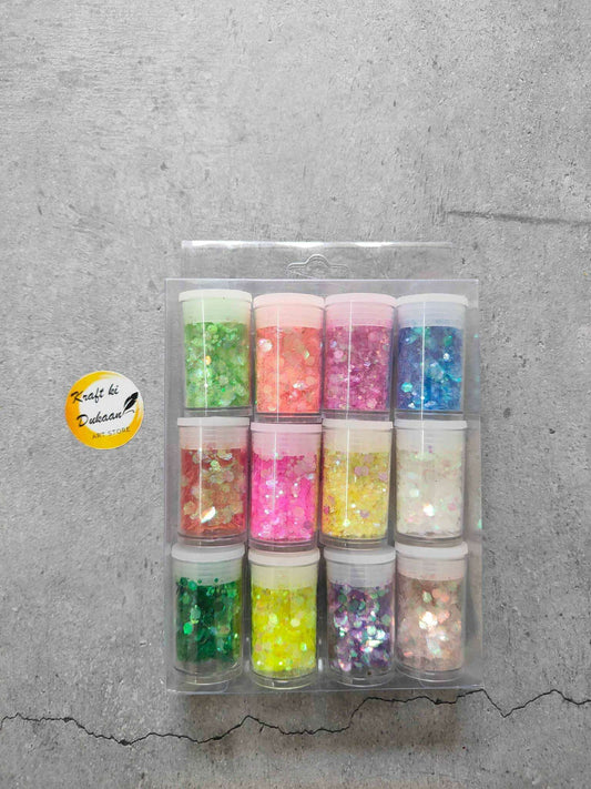 Resin glitter hexagon medium set of 12, assorted colors in small containers