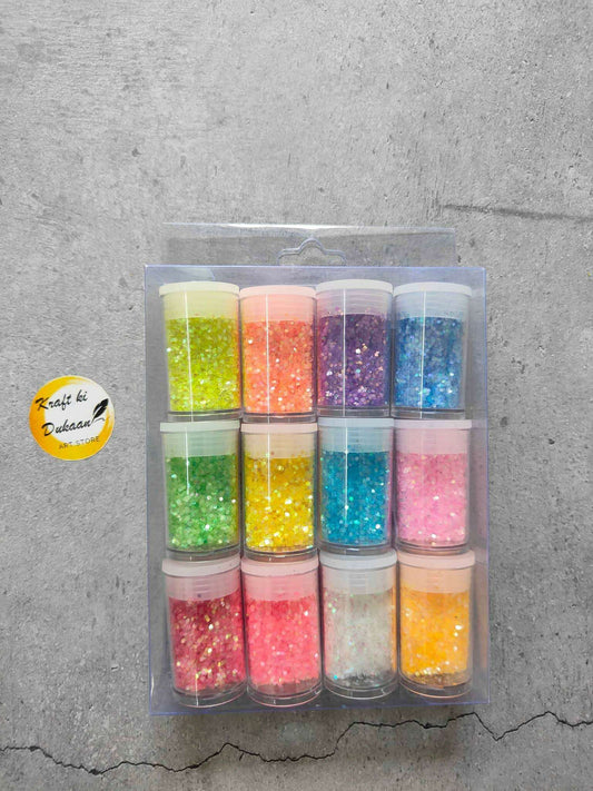 Resin glitter hexagon set of 12 small jars with multicolor glitter