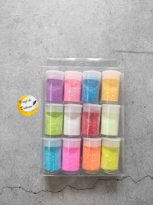 12-piece resin glitter set with multicolor jars: purple, pink, blue, orange, yellow, green