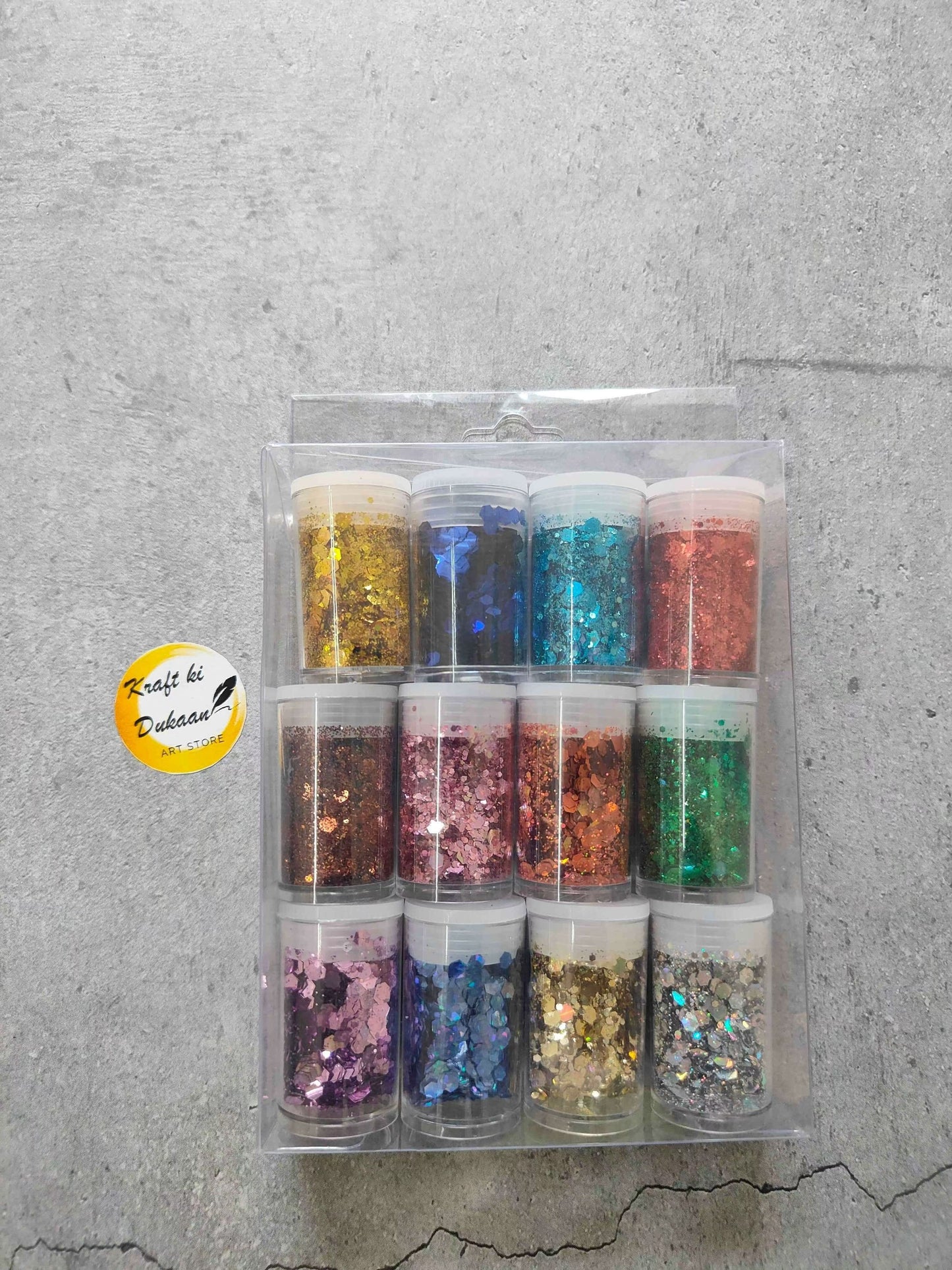 Resin glitter hexagon set (medium), 12 bottles in mixed colors with clear lids