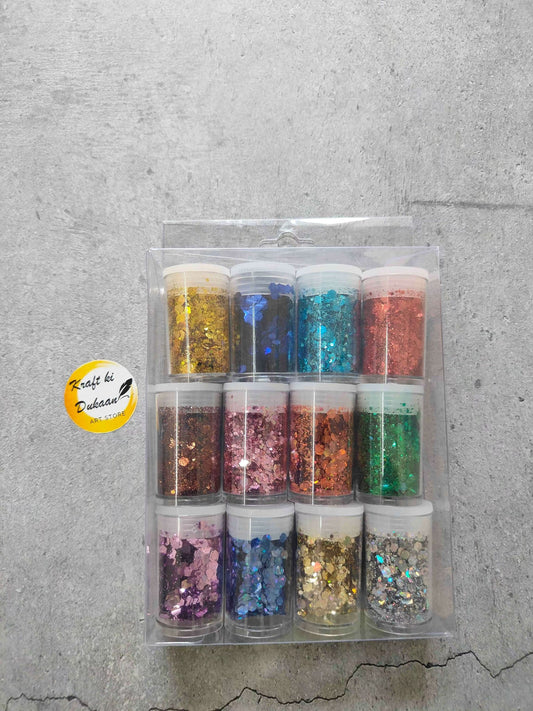 Resin glitter hexagon set (medium), 12 bottles in mixed colors with clear lids