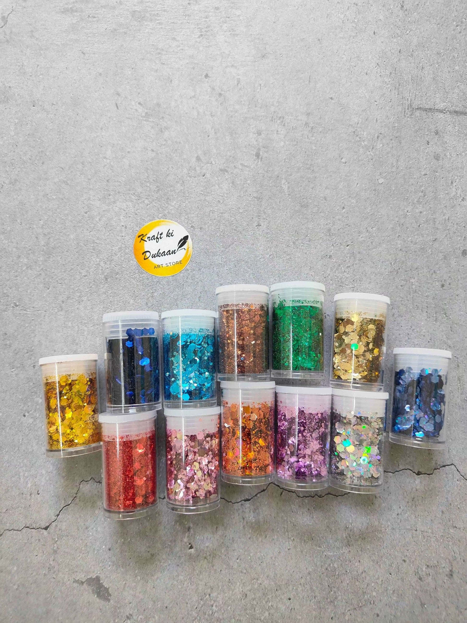 Resin glitter hexagon medium 12PC set with assorted blue, green, red, gold bottles