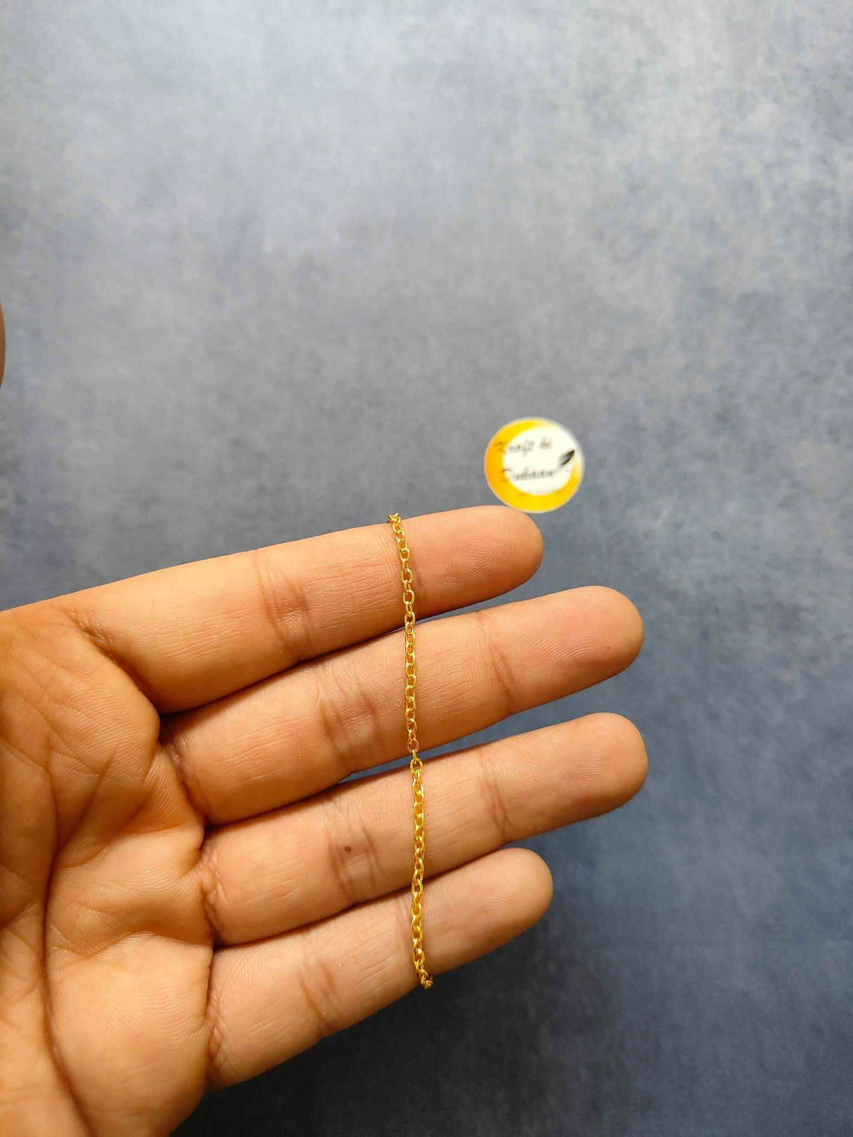 Gold short chain necklace, single small-link chain held in hand