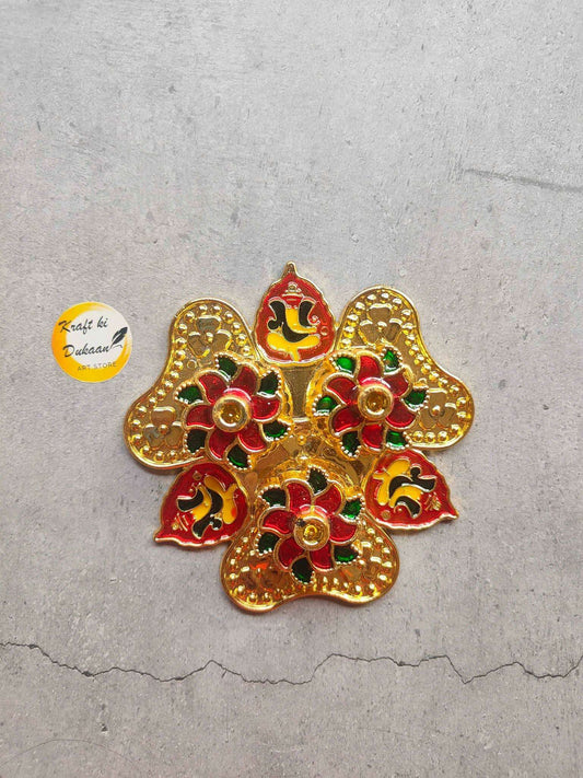 Roli Chawal Plate A2: gold floral design with red petals and green accents
