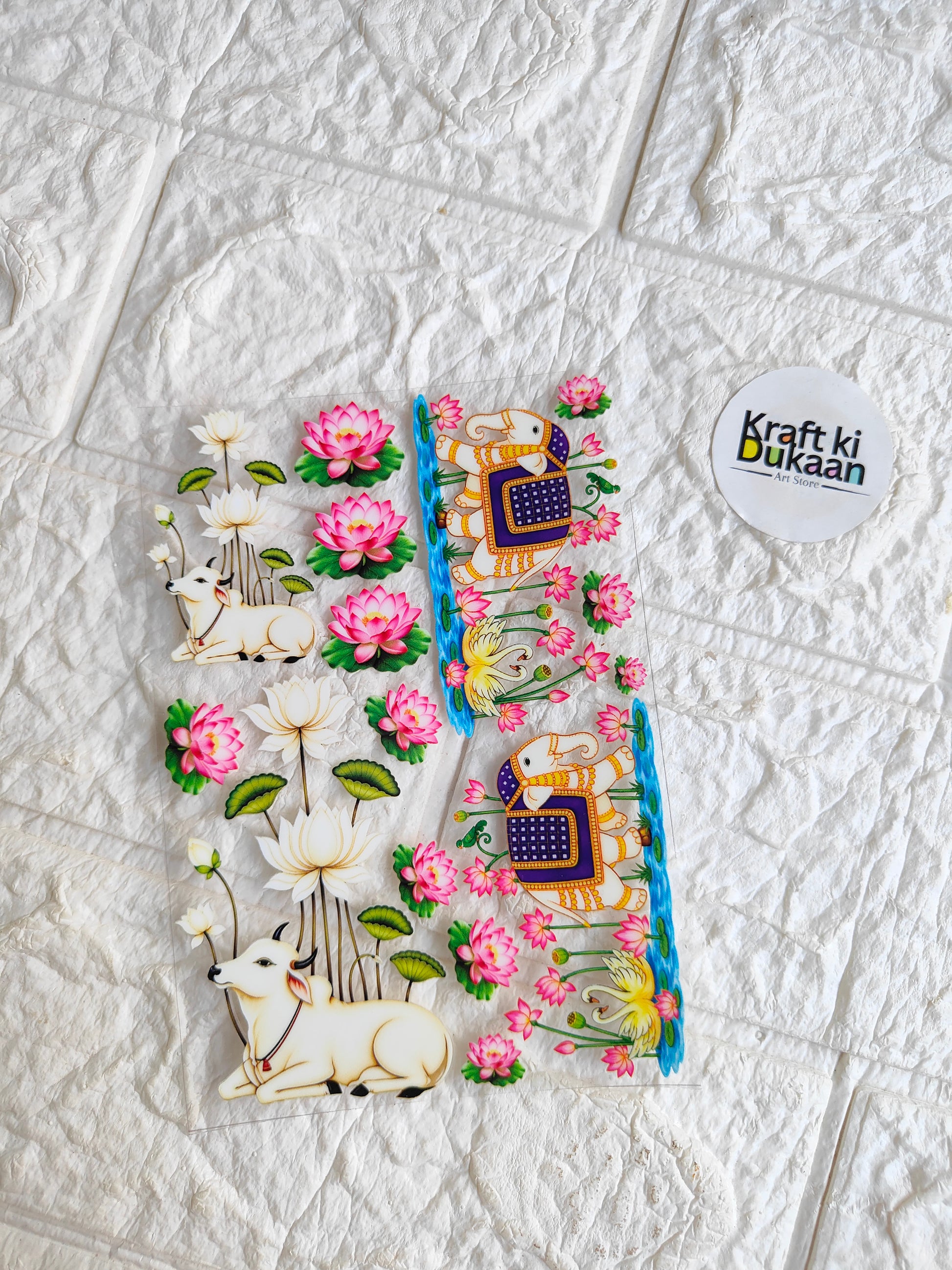 Peel-off sticker sheet with floral and rabbit illustrations, colorful border and icons