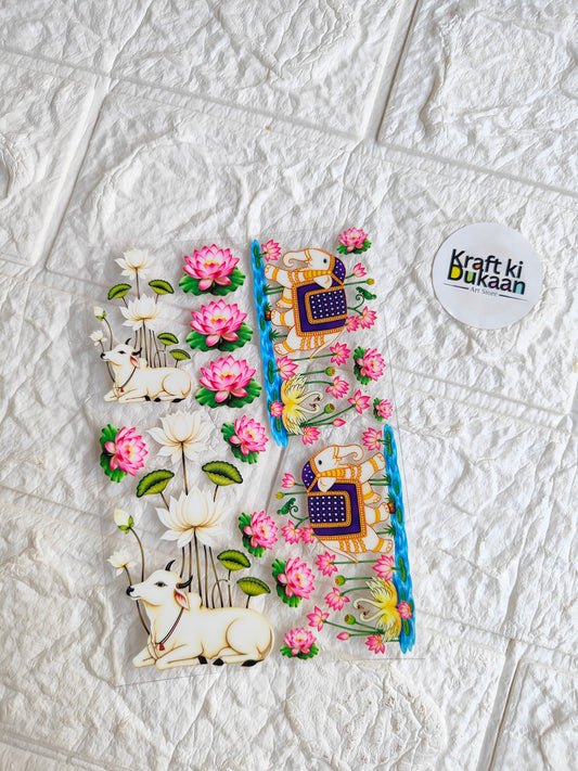Peel-off sticker sheet with floral and rabbit illustrations, colorful border and icons