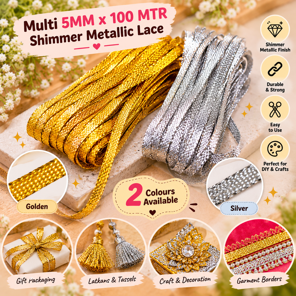 Set of shimmer metallic lace trim rolls in gold and silver, 5mm width for DIY