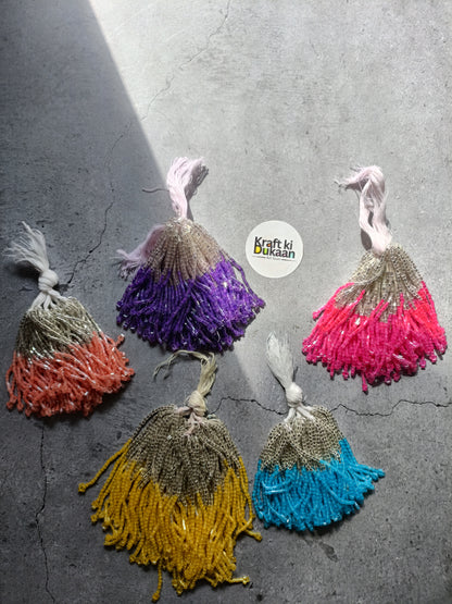 Beaded tassel latkans, assorted colors: silver, purple, pink, orange, yellow, teal.