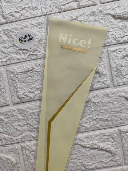 Flower cover sleeve, light beige with “Nice!” and gold diagonal stripe accents