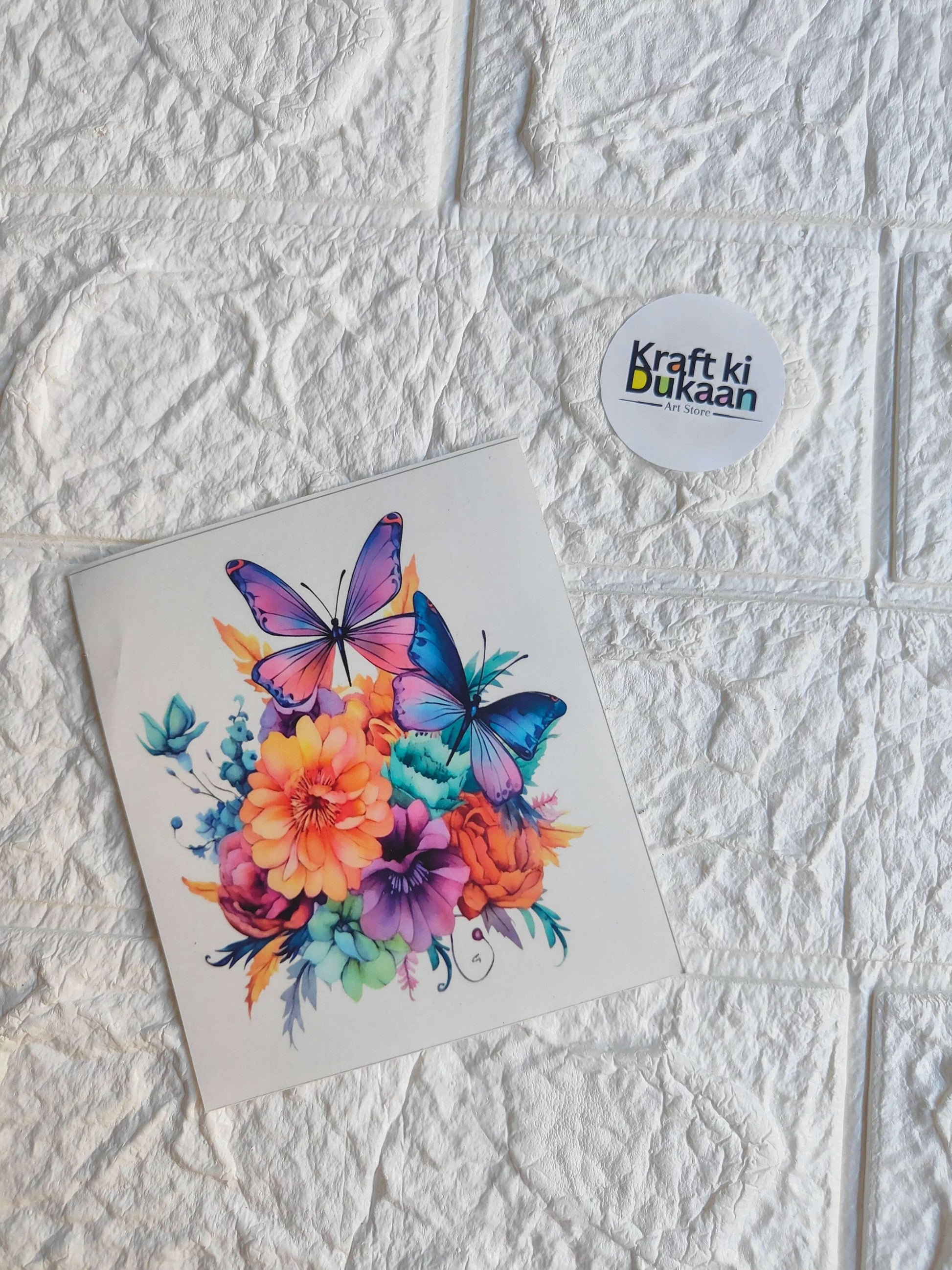 Mini colour sticker sheet with colorful butterflies and flower cluster design on white