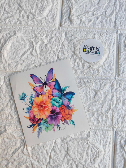 Mini colour sticker sheet with colorful butterflies and flower cluster design on white