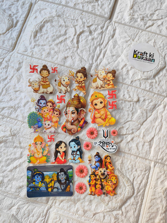 Peel-off sticker sheet with colorful cartoon character designs and flower accents