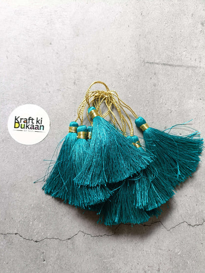 Silk tassel set, teal tassels with gold cords and teal bead accents