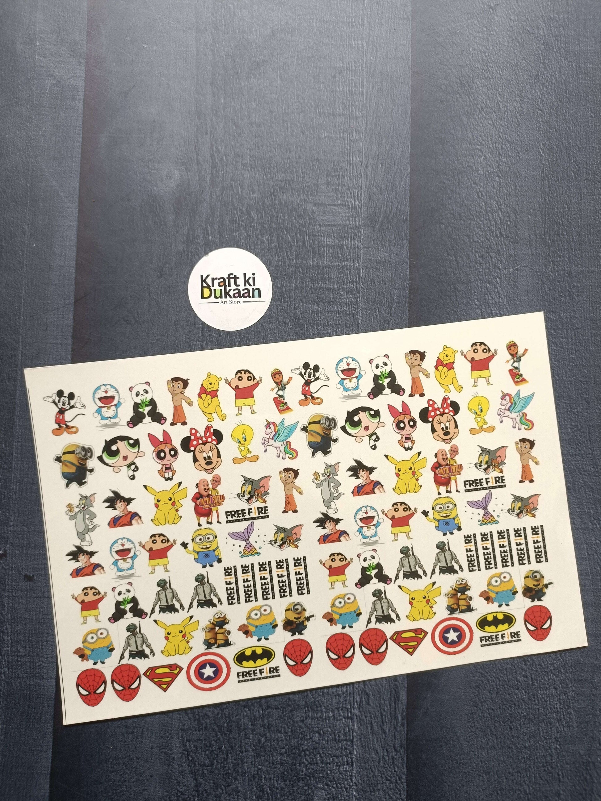 Colorful sticker sheet with cartoon characters and FREE FIRE logos