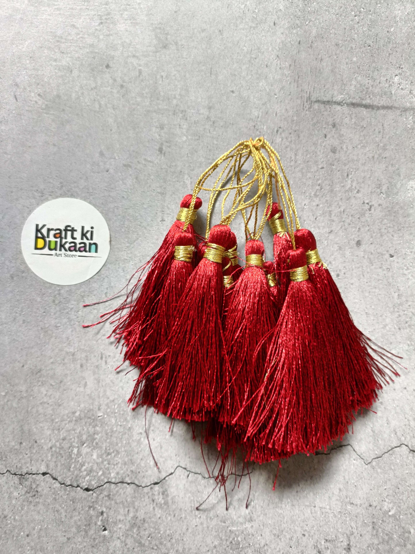 Silk tassel set of 12 red tassels with gold caps and hanging loops