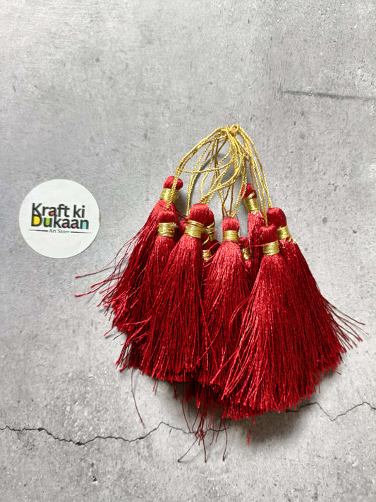 Silk tassel set of 12 red tassels with gold caps and hanging loops