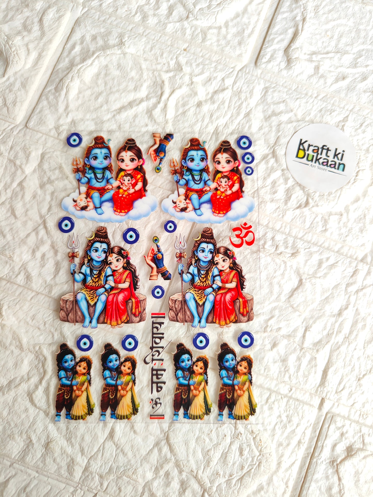 Peel-off sticker sheet with multiple cartoon goddess figures in blue and red, on one sheet