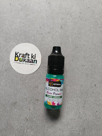 Alcohol ink bottle with black cap, dark green resin pigment label