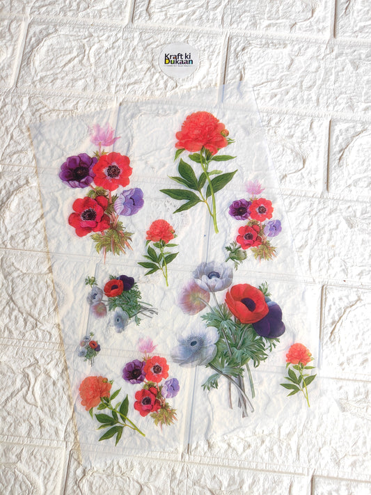 Floral insert sheet with two transparent panels featuring colorful flower bouquets