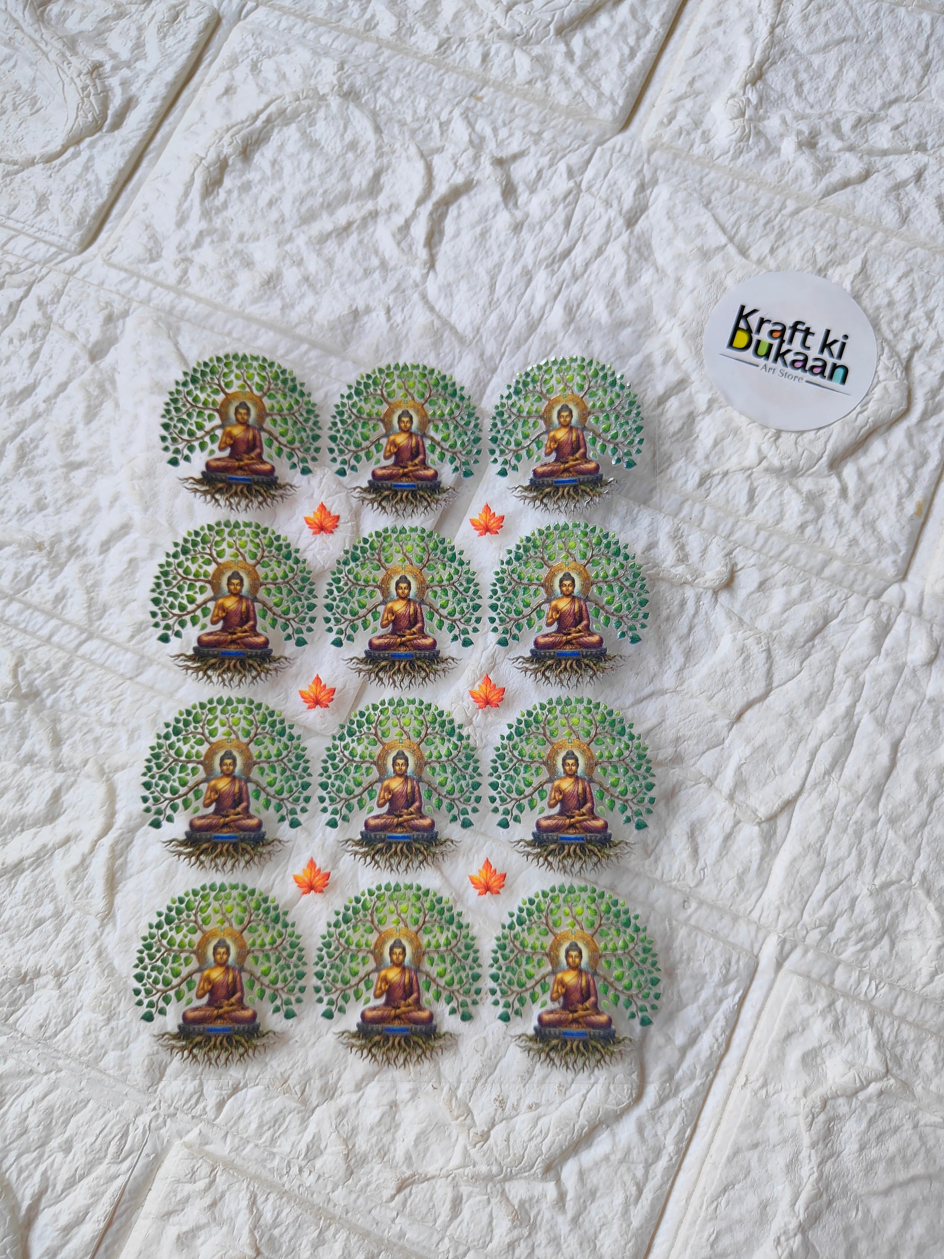UV DTF peel-off sticker sheet with green Buddha medallion designs and small flames