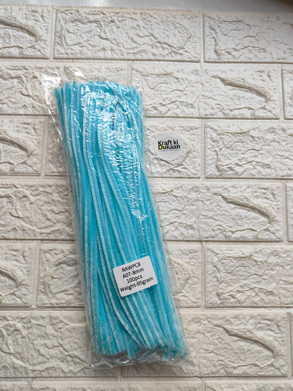 Aqua blue pipe cleaner bundle, 8mm stems, in clear plastic with label