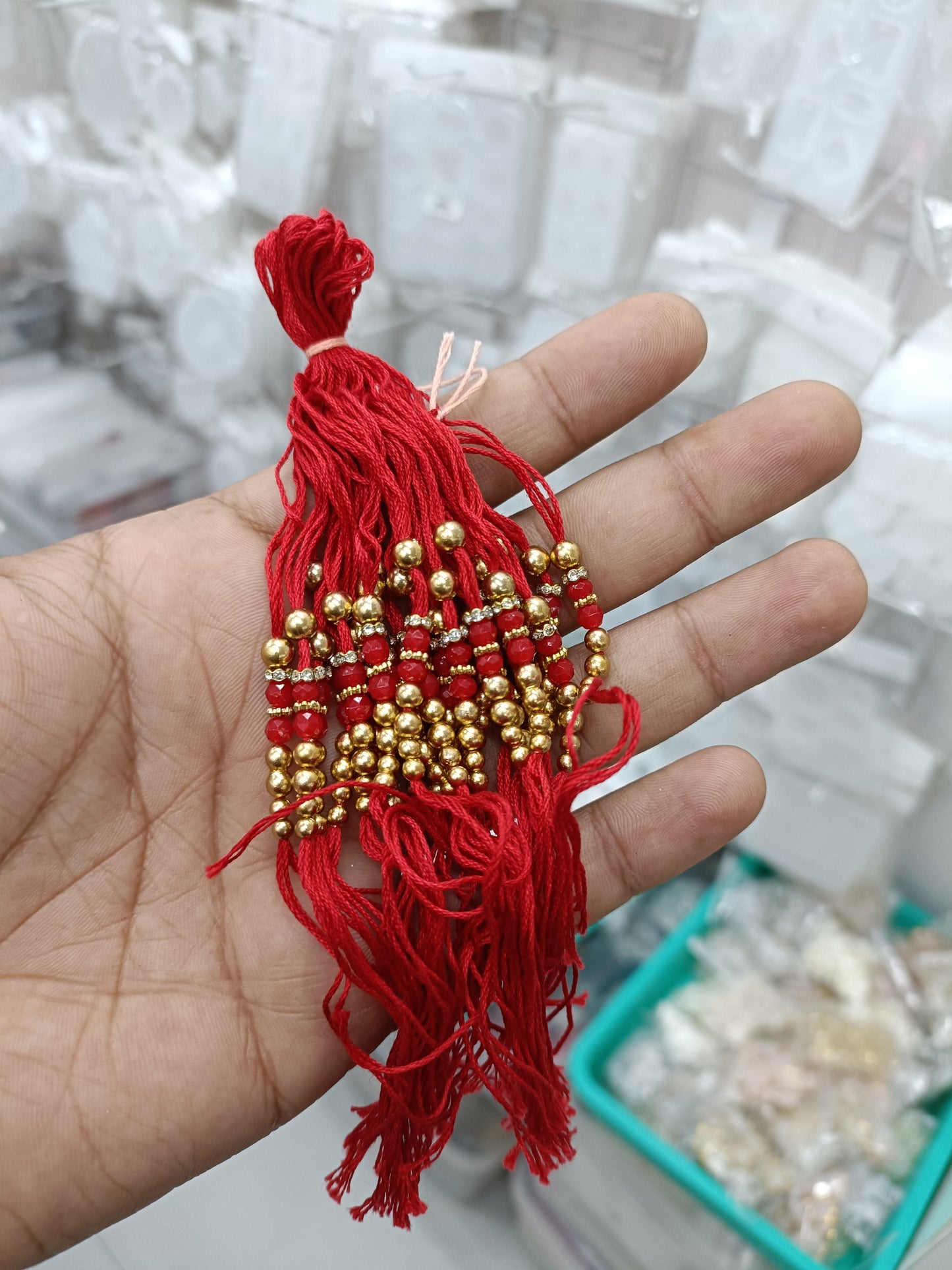 Red rakhi dori with gold bead tassel, cord pack of 12 pairs D9