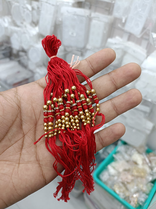 Red rakhi dori with gold bead tassel, cord pack of 12 pairs D9