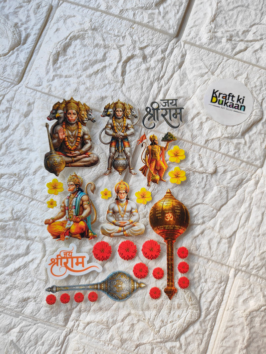 Peel-off sticker sheet with colorful Hindu deity, flower, diya and decorative motifs