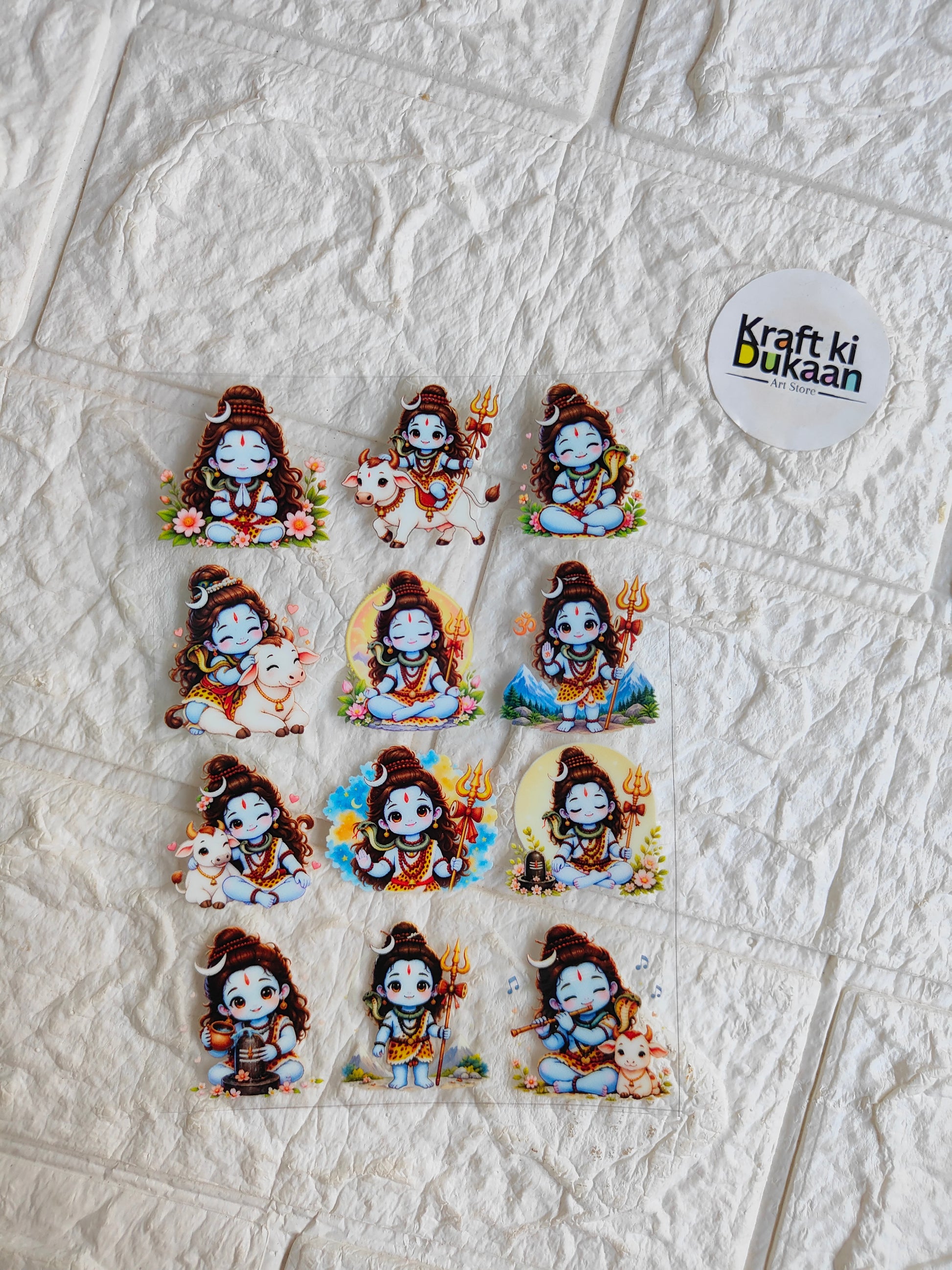 Peel-off sticker sheet with nine colorful cartoon figures in festive poses