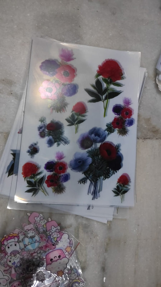 A4 floral insert sheet set with red, blue and purple flowers on white paper
