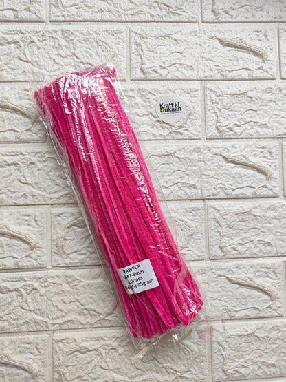 Hot pink pipe cleaners, 8mm stems, packed in clear plastic with label