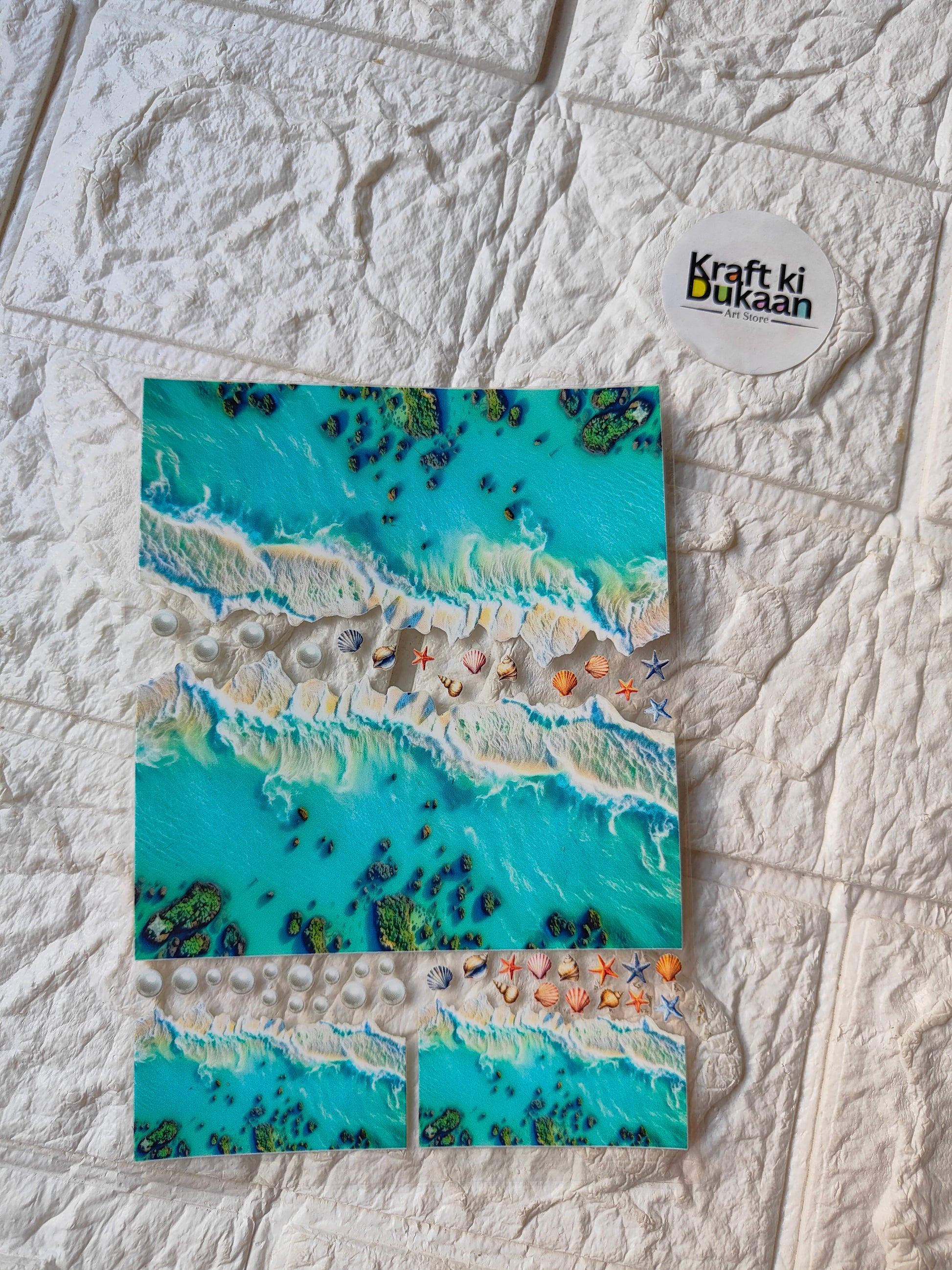 UV DTF peel-off sticker sheet with turquoise ocean waves and small icon accents