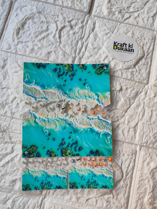 UV DTF peel-off sticker sheet with turquoise ocean waves and small icon accents