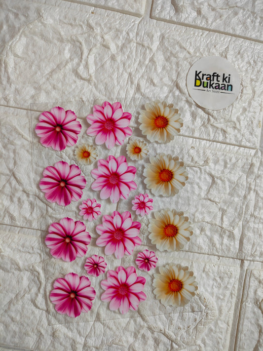 UV DTF peel-off sticker sheet with multiple pink and orange flower decals