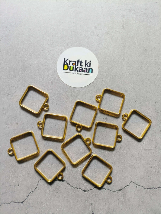 Square bezel pendant set of 10, gold-toned square frames with small loops