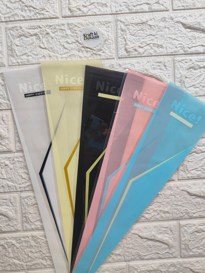Assorted flower cover sleeves in plastic: teal, pink, black, white, and beige colors