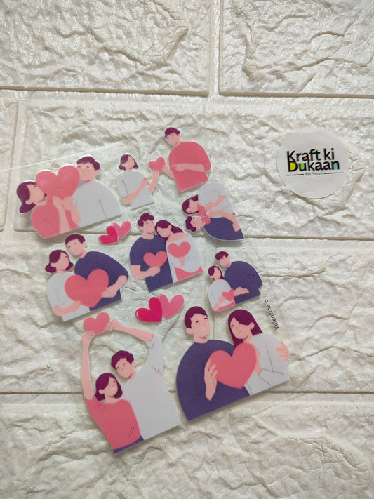 UV DTF peel-off sticker sheet with cartoon figures and pink hearts, assorted poses
