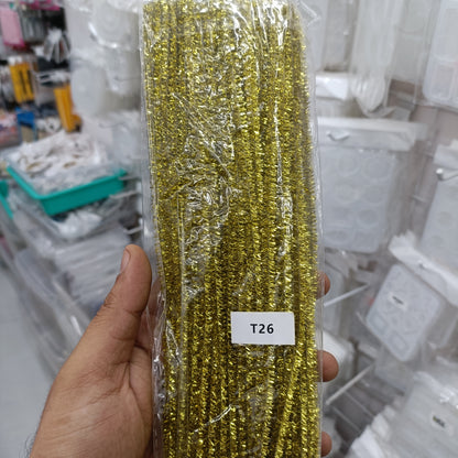 Metallic gold sparkle pipe cleaner bundle with tight coil, pack of 100 in plastic