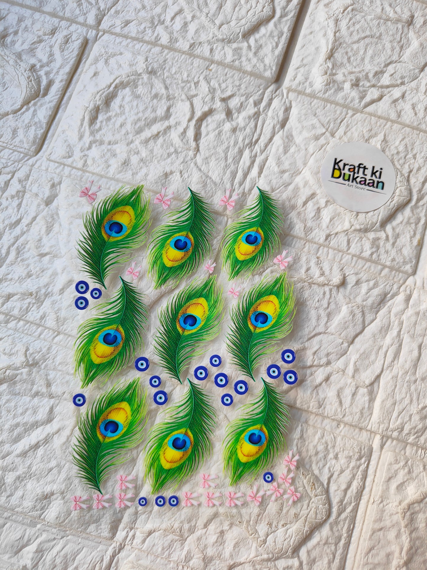 UV DTF peel-off sticker sheet with colorful peacock feather pattern