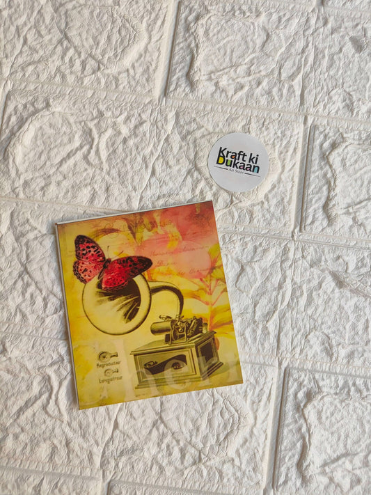 Mini colour sticker sheet with butterfly and vintage gramophone graphic on yellow