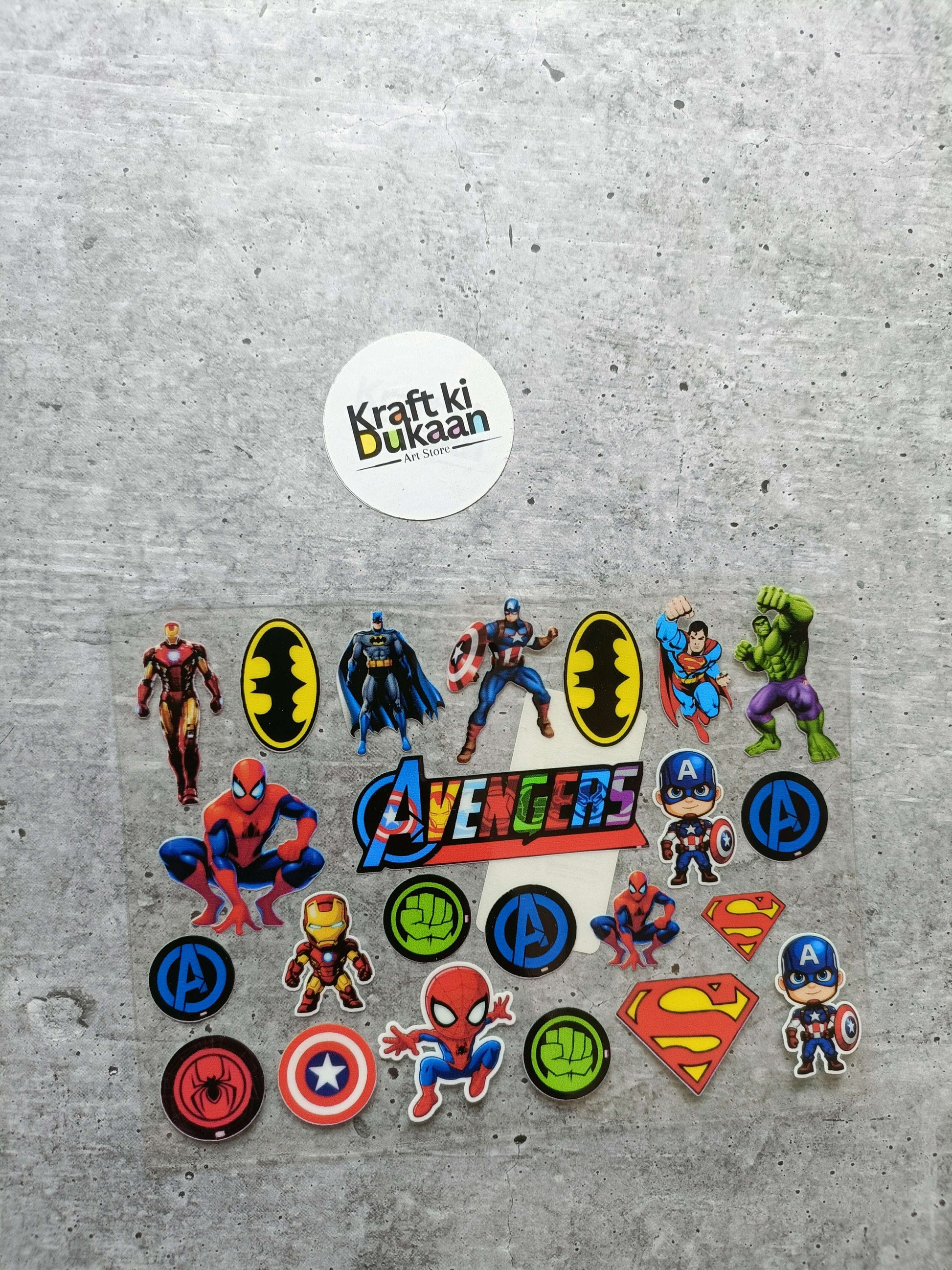 UV DTF peel-off sticker sheet with assorted superhero character decals and logos