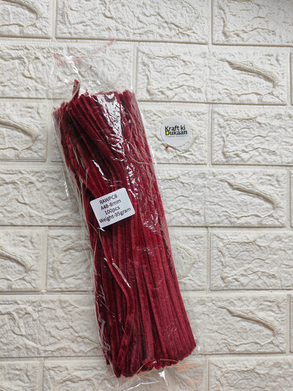 Burgundy red pipe cleaners, 8mm stems, in clear plastic packaging with label