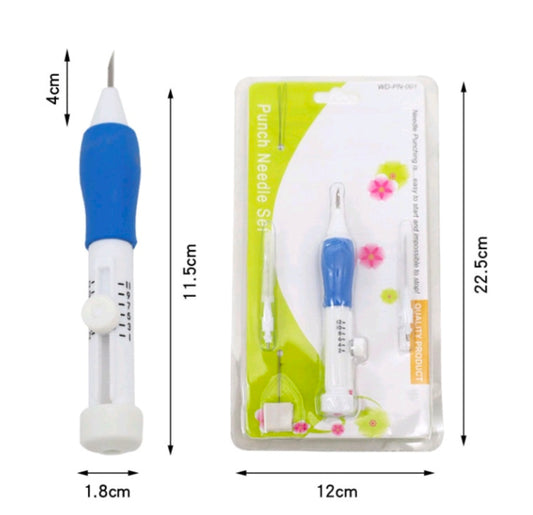 Punch needle embroidery tool in blister pack with blue handle; needle and accessories included